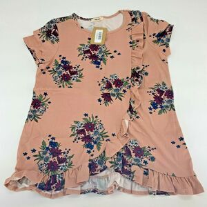 NWT First Loce Womens Rose Ruffle Top Floral Short Sleeve Pink Sz M
